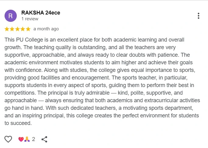 In this image there is a review on google about aviratha's mysore central pu college. Best pu college in mysore, top pu colleges in mysore, best residential pu college in mysore, best NEET, JEE college in mysore.