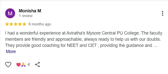 In this image there is a review on google about aviratha's mysore central pu college. Best pu college in mysore, top pu colleges in mysore, best residential pu college in mysore, best NEET, JEE college in mysore.